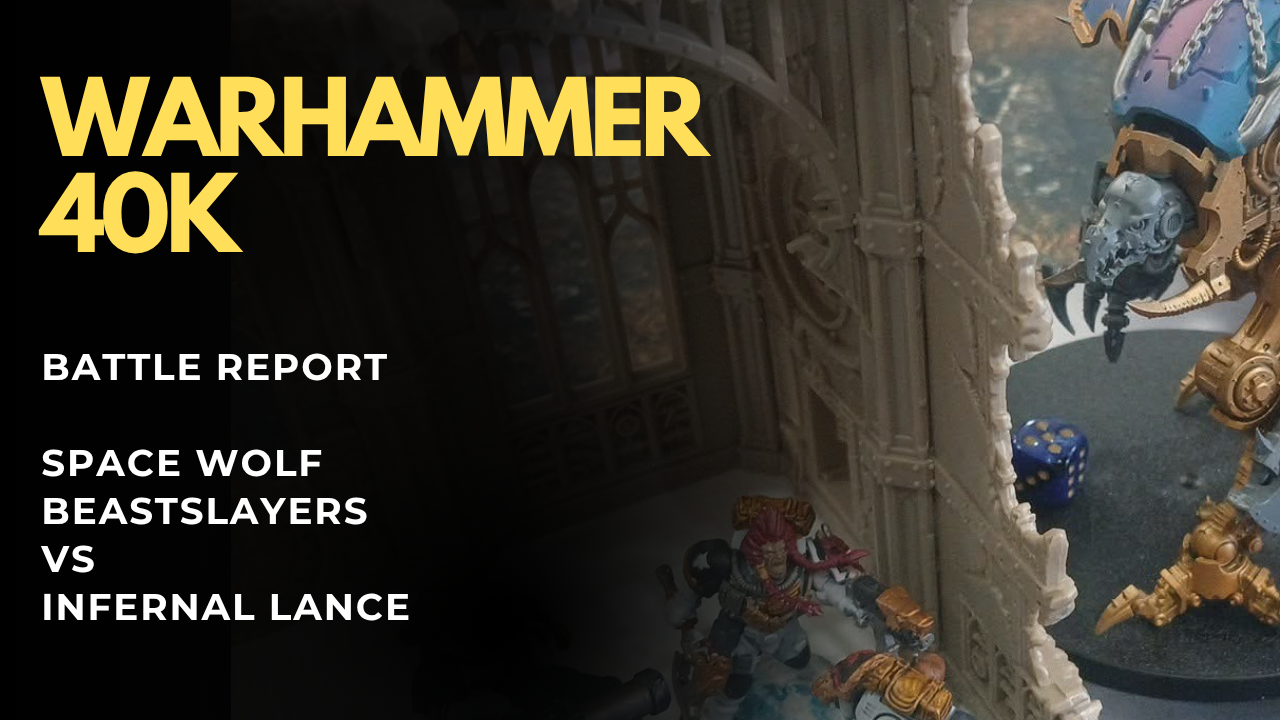 header image containing text warhammer 40k in gold and battle report space wolves beastslayer vs infernal lance
